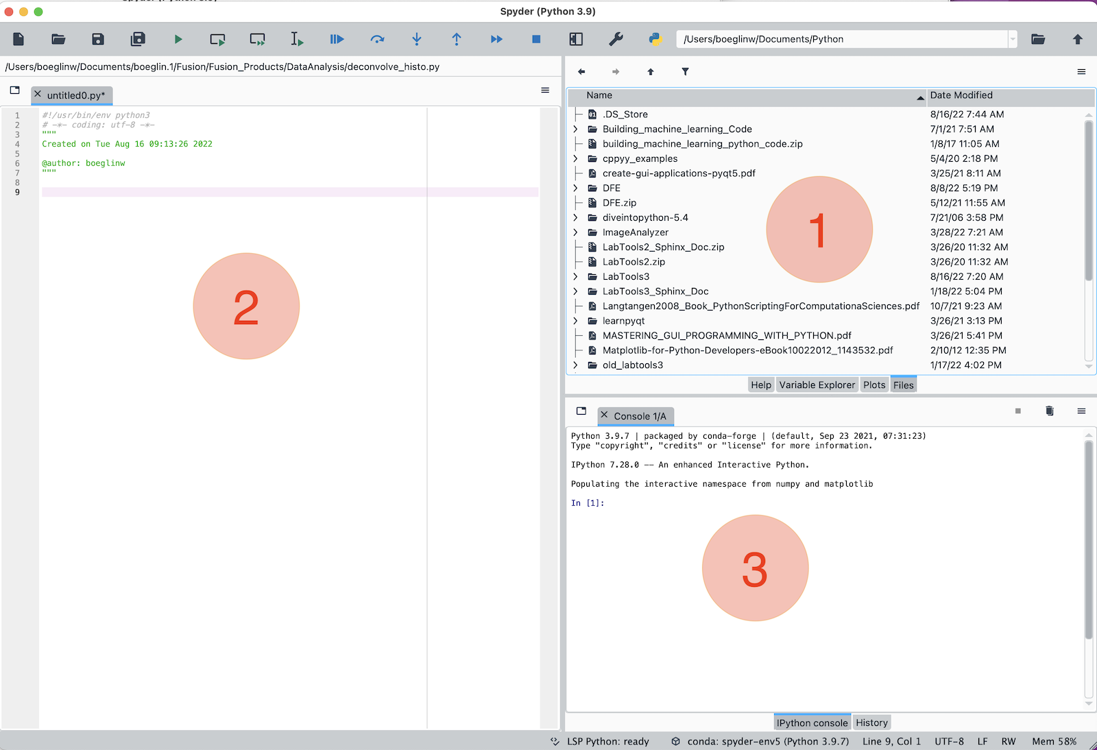 The recommended spyder layout: editor window left, file browser top right, IPython console bottom right.